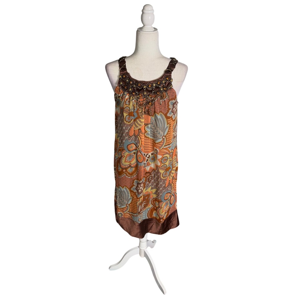 ECI New York Y2K Silk‎ Beaded Paisley Shift Dress Brown Orange Size 6